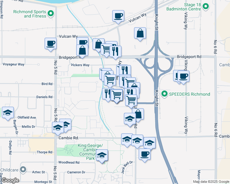 map of restaurants, bars, coffee shops, grocery stores, and more near 12800 Bathgate Way in Richmond