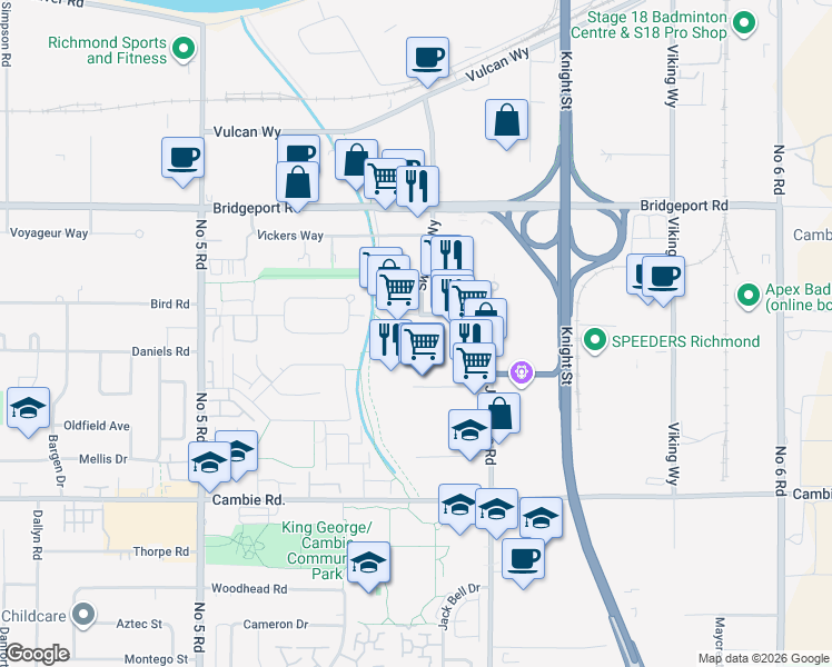 map of restaurants, bars, coffee shops, grocery stores, and more near 12800 Bathgate Way in Richmond