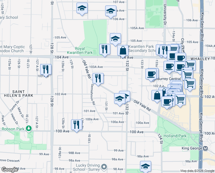 map of restaurants, bars, coffee shops, grocery stores, and more near in Surrey