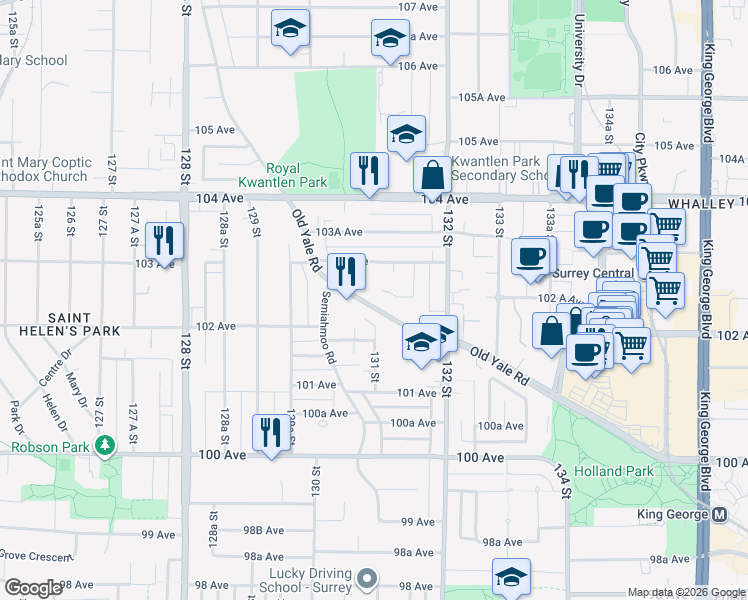 map of restaurants, bars, coffee shops, grocery stores, and more near in Surrey