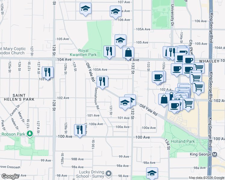 map of restaurants, bars, coffee shops, grocery stores, and more near 13075 Old Yale Road in Surrey