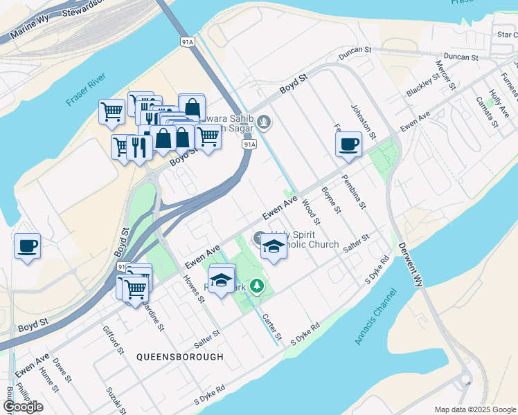 map of restaurants, bars, coffee shops, grocery stores, and more near 325 McGillivray Place in New Westminster