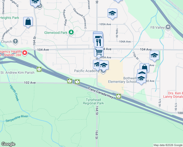 map of restaurants, bars, coffee shops, grocery stores, and more near 16755 102 Avenue in Surrey