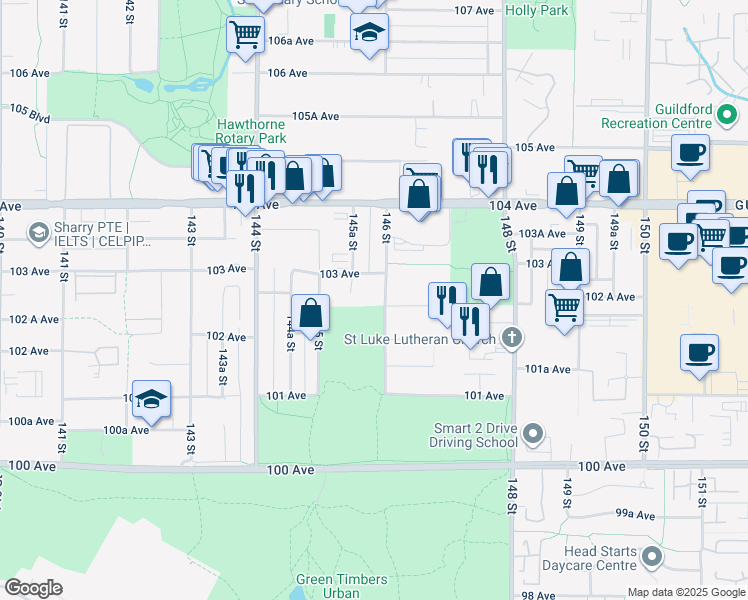 map of restaurants, bars, coffee shops, grocery stores, and more near 10255 146 Street in Surrey