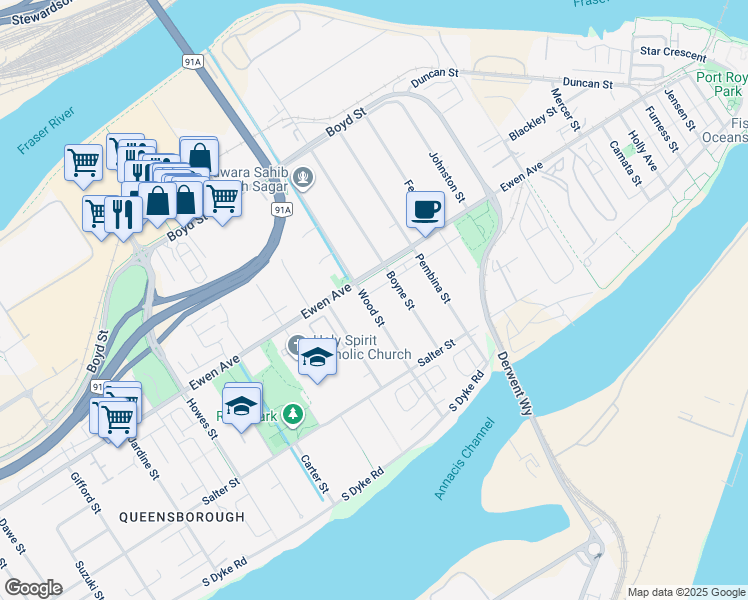 map of restaurants, bars, coffee shops, grocery stores, and more near 247 Wood Street in New Westminster