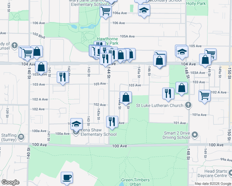 map of restaurants, bars, coffee shops, grocery stores, and more near 14436 102B Avenue in Surrey