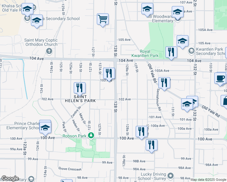 map of restaurants, bars, coffee shops, grocery stores, and more near 10235 128 Street in Surrey