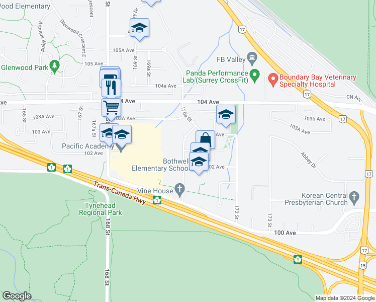 map of restaurants, bars, coffee shops, grocery stores, and more near 17070 102A Avenue in Surrey