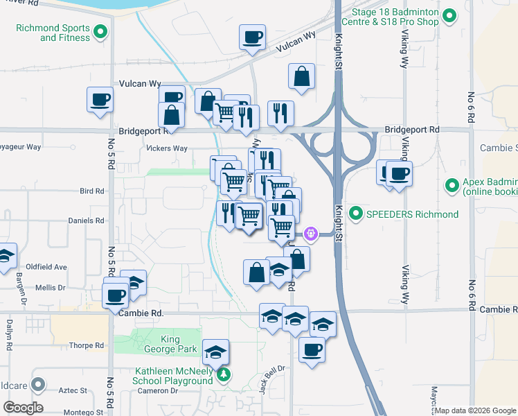 map of restaurants, bars, coffee shops, grocery stores, and more near 12840 Bathgate Way in Richmond