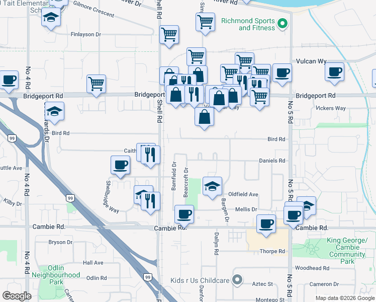 map of restaurants, bars, coffee shops, grocery stores, and more near 3411 Bamfield Drive in Richmond