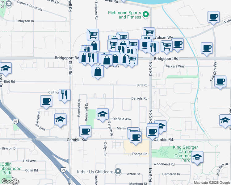 map of restaurants, bars, coffee shops, grocery stores, and more near 3580 Bargen Drive in Richmond