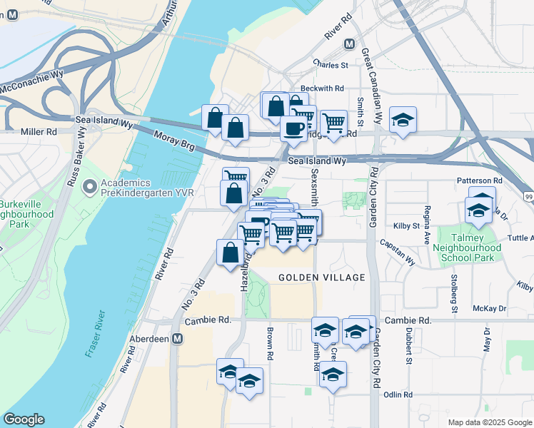 map of restaurants, bars, coffee shops, grocery stores, and more near 8611 Hazelbridge Way in Richmond