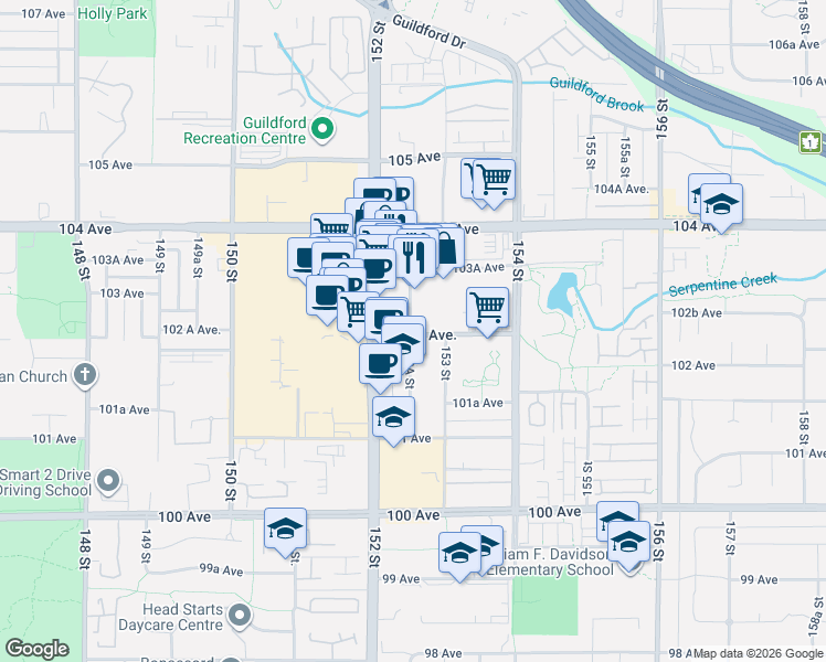map of restaurants, bars, coffee shops, grocery stores, and more near 15258 102 A Avenue in Surrey