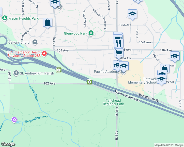 map of restaurants, bars, coffee shops, grocery stores, and more near 16615 102 Avenue in Surrey
