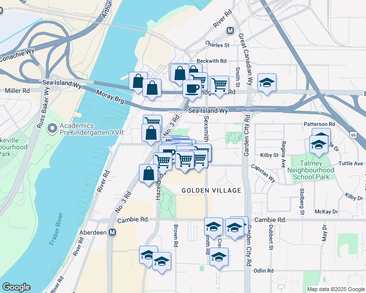 map of restaurants, bars, coffee shops, grocery stores, and more near 3320 No. 3 Road in Richmond
