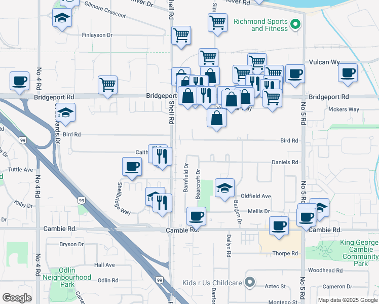 map of restaurants, bars, coffee shops, grocery stores, and more near 3459 Bamfield Drive in Richmond