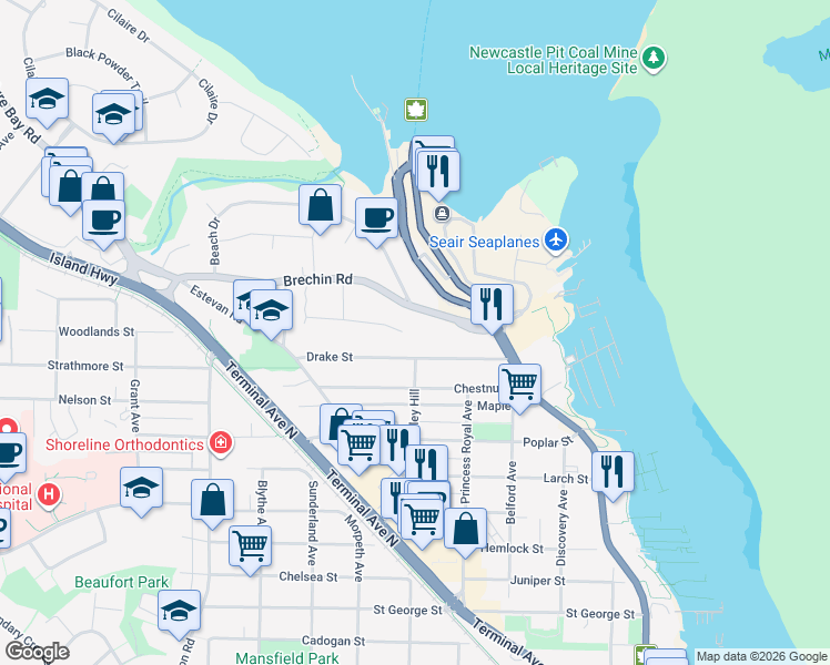map of restaurants, bars, coffee shops, grocery stores, and more near 545 Brechin Road in Nanaimo