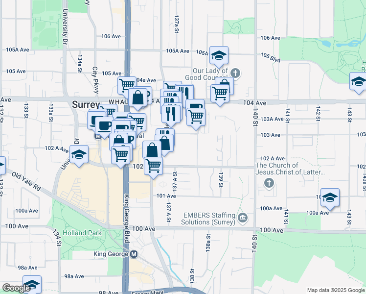 map of restaurants, bars, coffee shops, grocery stores, and more near 13756 103 Avenue in Surrey