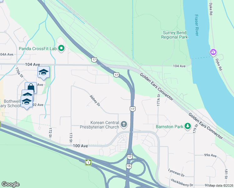 map of restaurants, bars, coffee shops, grocery stores, and more near 17552 102A Avenue in Surrey