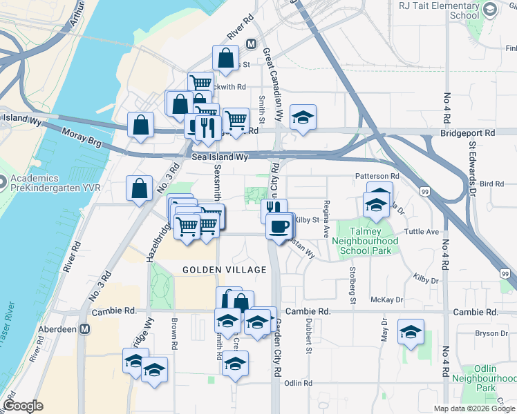 map of restaurants, bars, coffee shops, grocery stores, and more near in Richmond