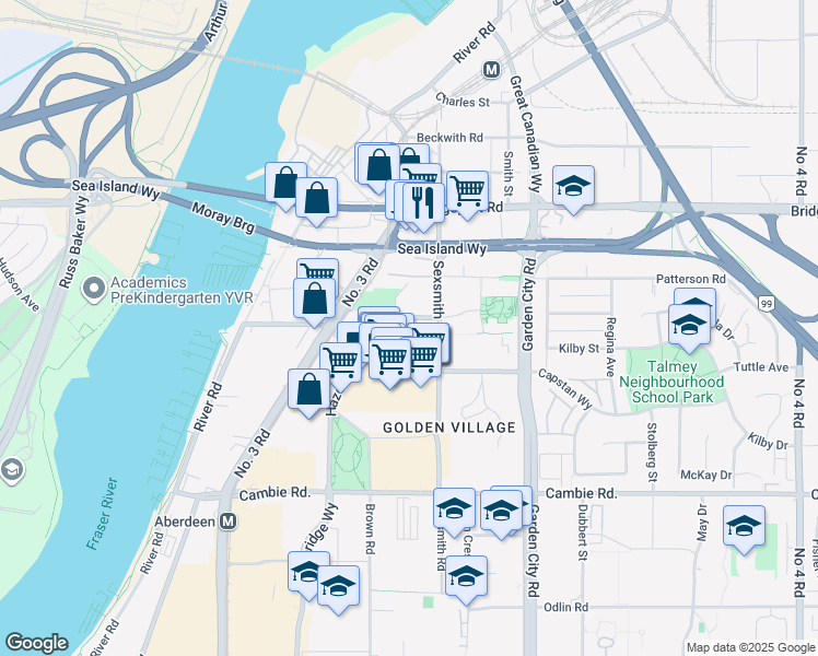 map of restaurants, bars, coffee shops, grocery stores, and more near 8628 Hazelbridge Way in Richmond