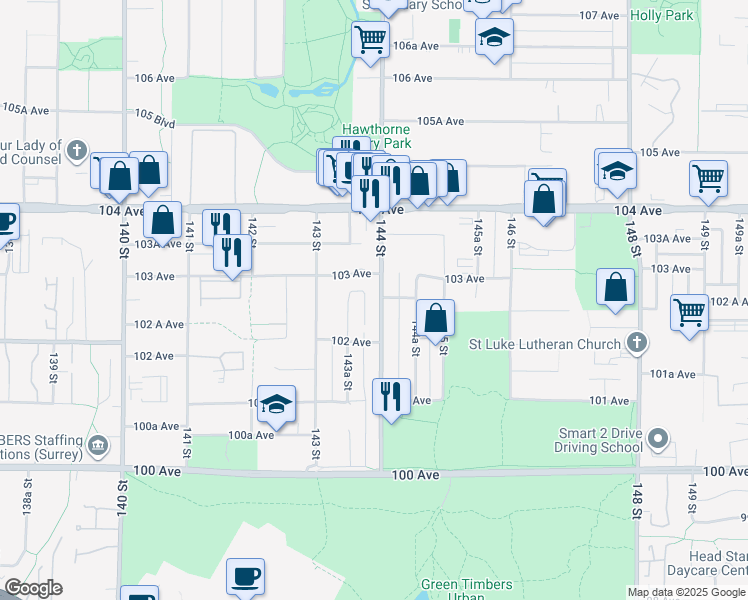 map of restaurants, bars, coffee shops, grocery stores, and more near 10263 144 Street in Surrey