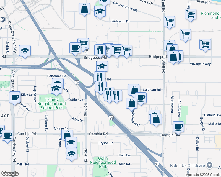 map of restaurants, bars, coffee shops, grocery stores, and more near 10251 Caithcart Road in Richmond