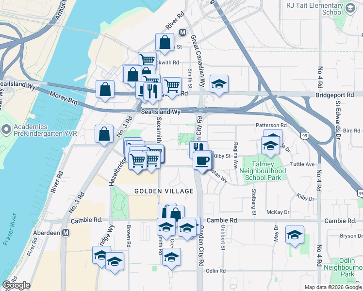 map of restaurants, bars, coffee shops, grocery stores, and more near in Richmond