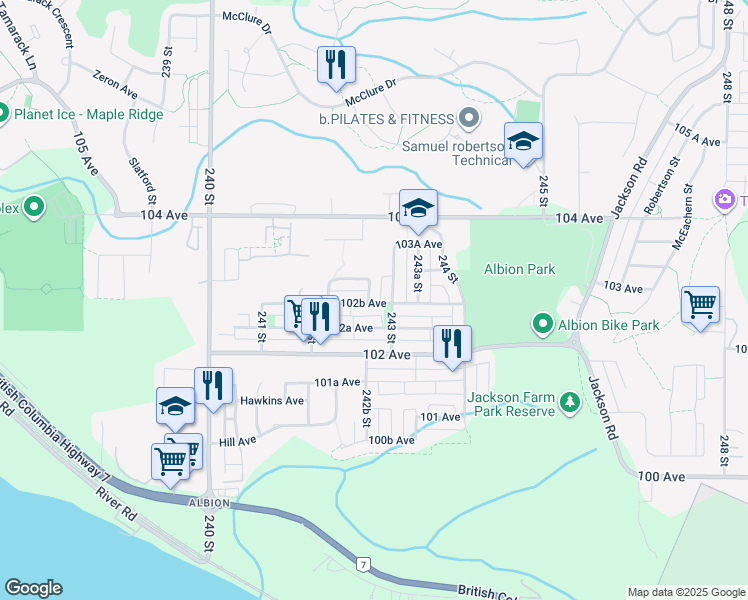 map of restaurants, bars, coffee shops, grocery stores, and more near 10268 242B Street in Maple Ridge