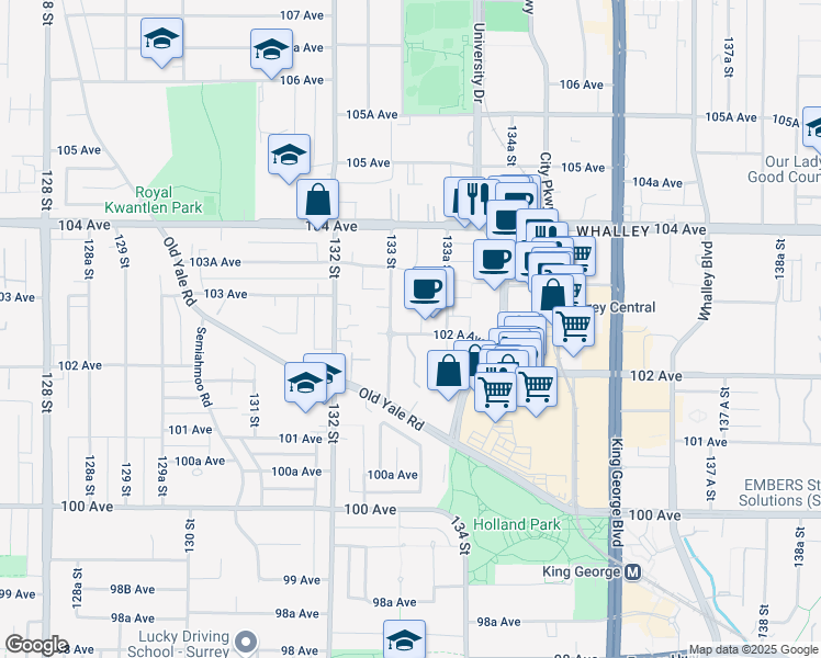 map of restaurants, bars, coffee shops, grocery stores, and more near in Surrey