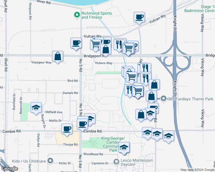 map of restaurants, bars, coffee shops, grocery stores, and more near 12331 Flury Drive in Richmond