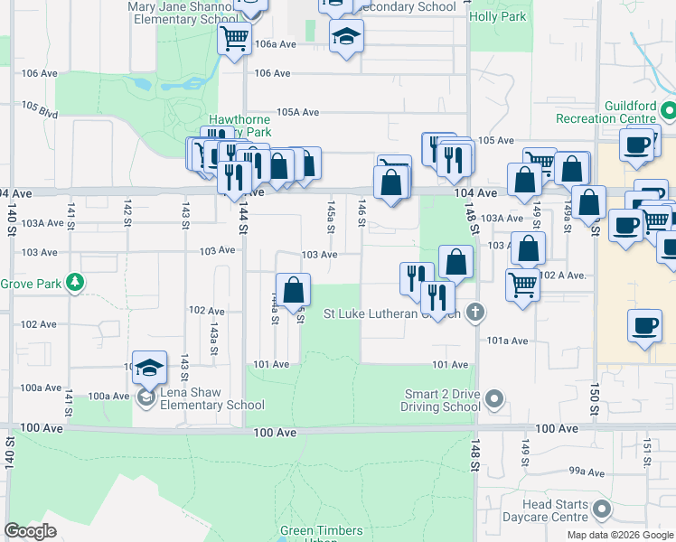 map of restaurants, bars, coffee shops, grocery stores, and more near 10276 145A Street in Surrey