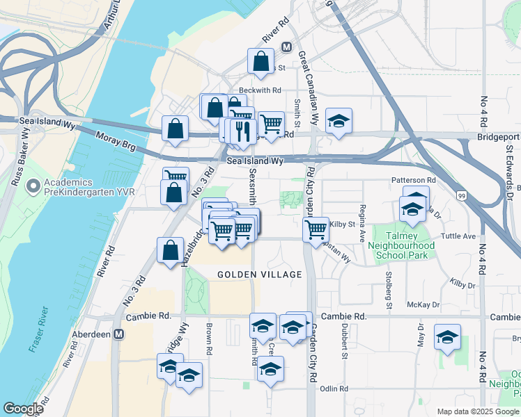 map of restaurants, bars, coffee shops, grocery stores, and more near 8800 Hazelbridge Way in Richmond