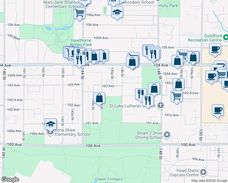 map of restaurants, bars, coffee shops, grocery stores, and more near 10276 145A Street in Surrey