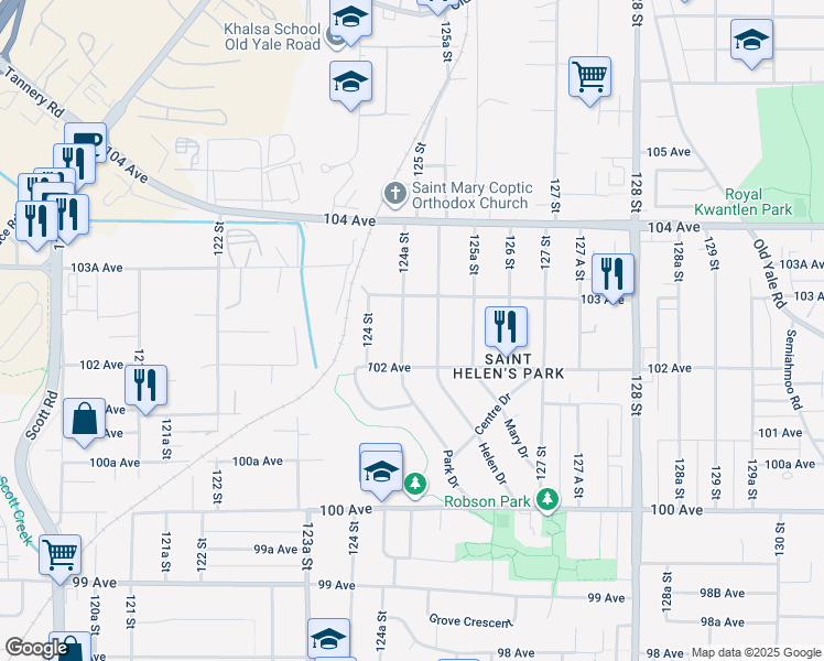 map of restaurants, bars, coffee shops, grocery stores, and more near 10248 124A Street in Surrey
