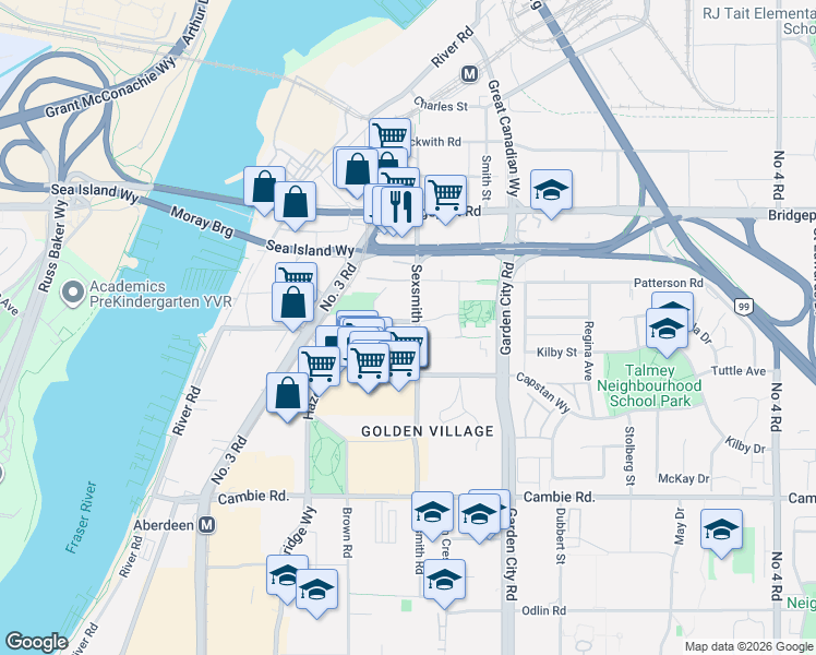 map of restaurants, bars, coffee shops, grocery stores, and more near 3333 Sexsmith Road in Richmond