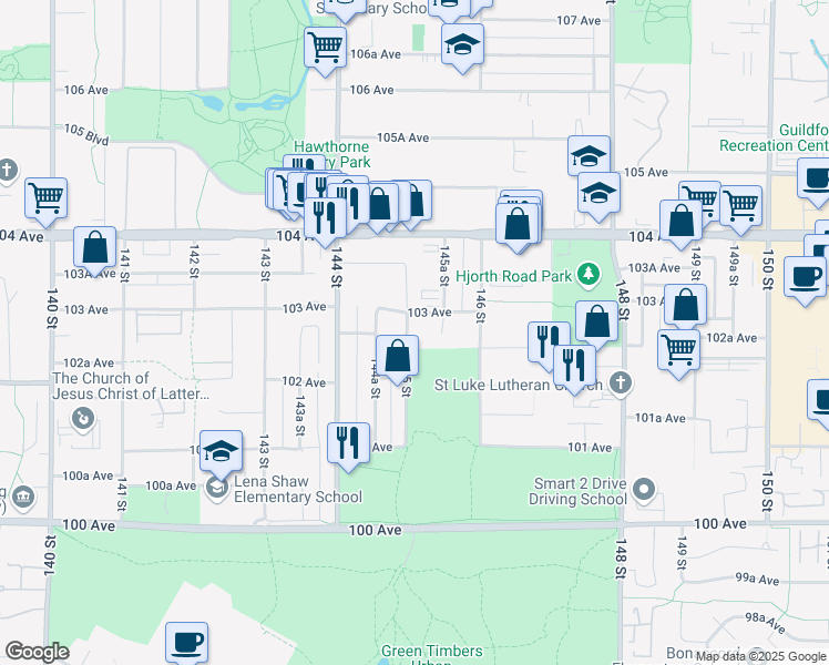 map of restaurants, bars, coffee shops, grocery stores, and more near 10266 145 Street in Surrey