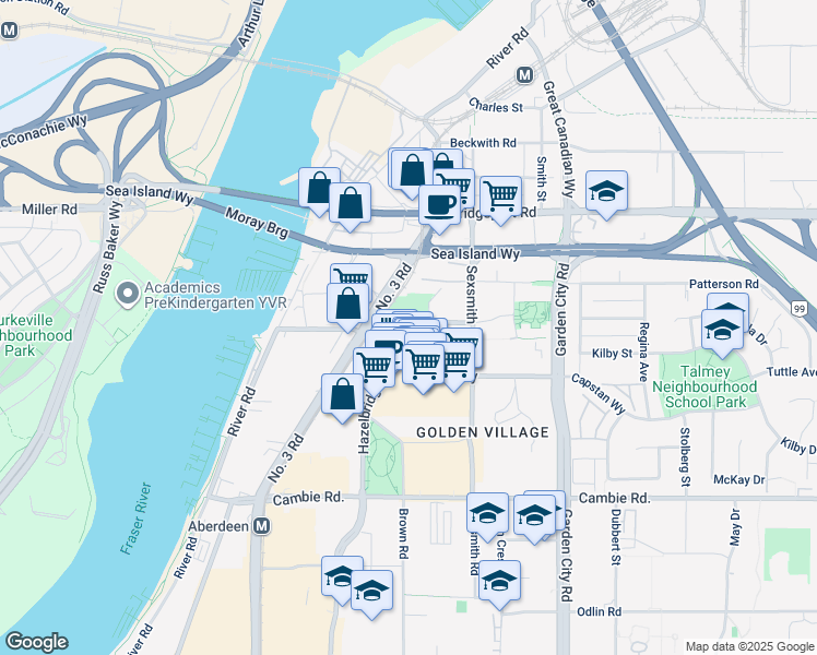 map of restaurants, bars, coffee shops, grocery stores, and more near 8671 Hazelbridge Way in Richmond