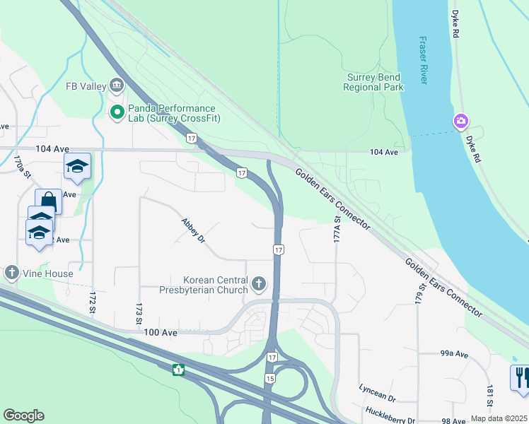 map of restaurants, bars, coffee shops, grocery stores, and more near 10267 176 Street in Surrey