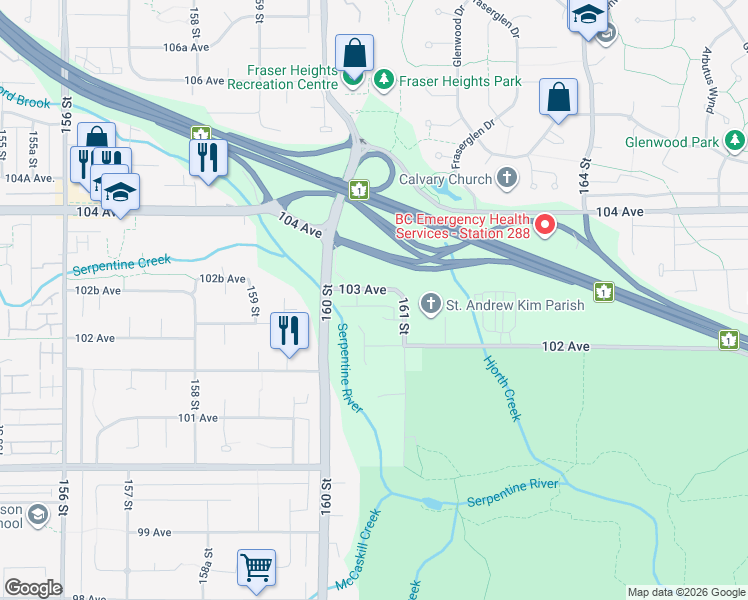 map of restaurants, bars, coffee shops, grocery stores, and more near 16068 103 Avenue in Surrey
