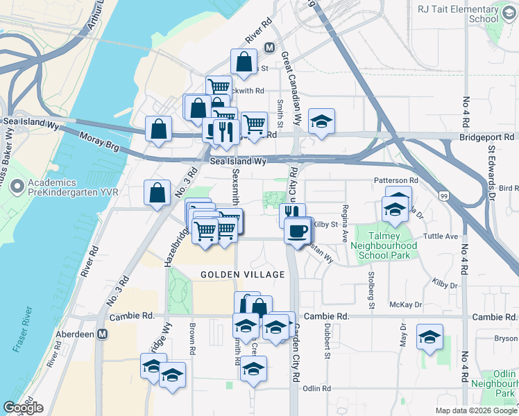 map of restaurants, bars, coffee shops, grocery stores, and more near 3311 Ketcheson Road in Richmond