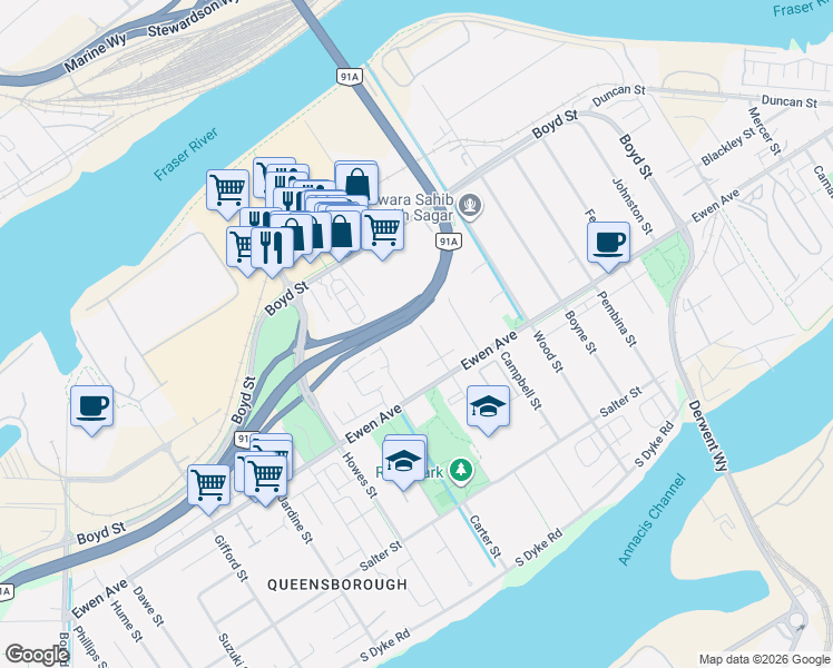 map of restaurants, bars, coffee shops, grocery stores, and more near 324 Lawrence Street in New Westminster
