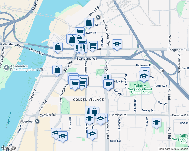 map of restaurants, bars, coffee shops, grocery stores, and more near 3311 Ketcheson Road in Richmond
