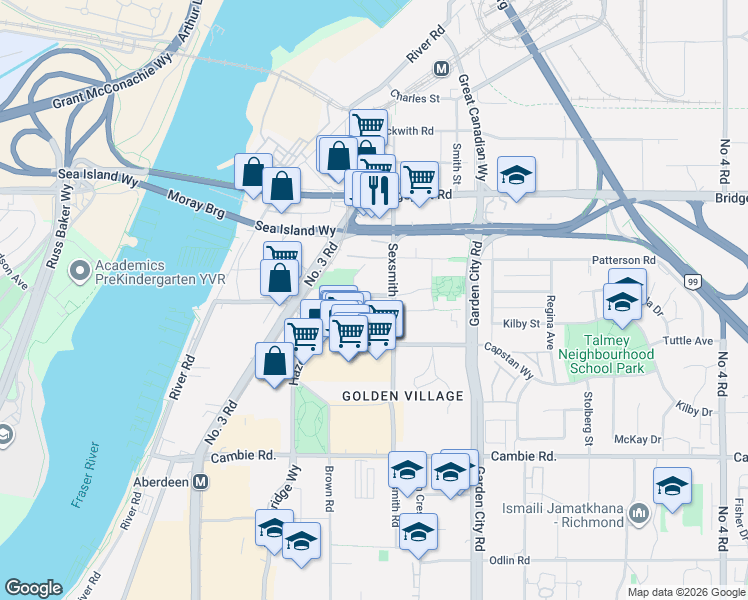 map of restaurants, bars, coffee shops, grocery stores, and more near 8688 Hazelbridge Way in Richmond