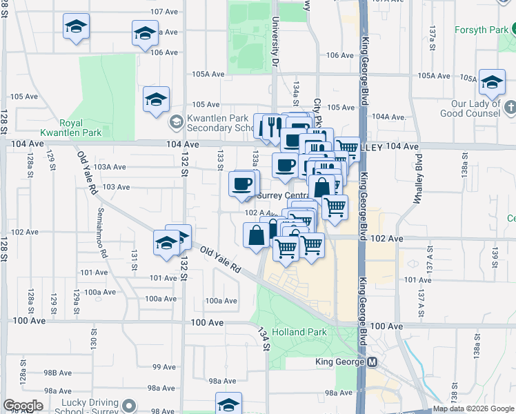 map of restaurants, bars, coffee shops, grocery stores, and more near in Surrey