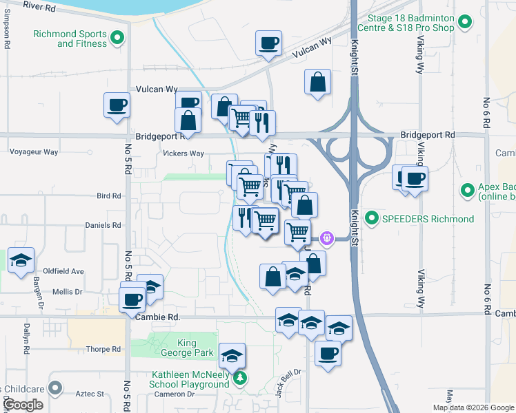 map of restaurants, bars, coffee shops, grocery stores, and more near 12800 Bathgate Way in Richmond