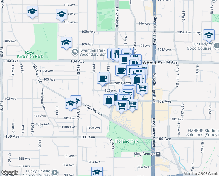 map of restaurants, bars, coffee shops, grocery stores, and more near 10260 133A Street in Surrey