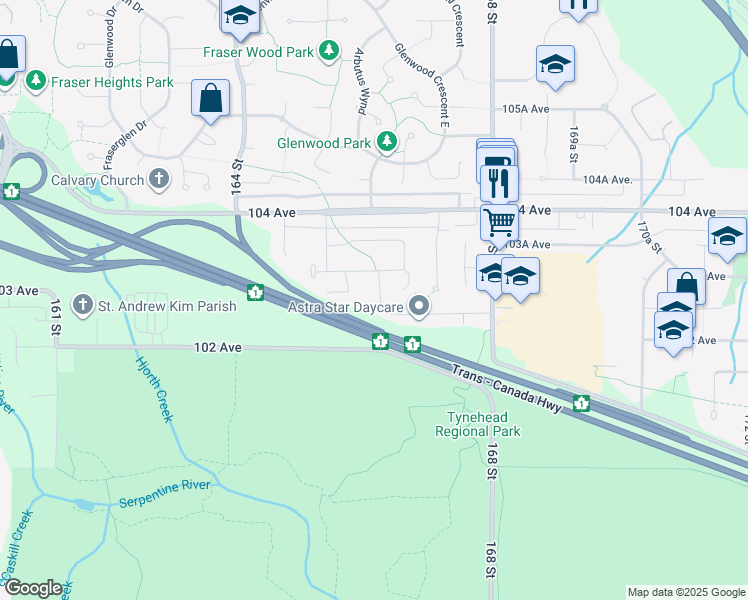 map of restaurants, bars, coffee shops, grocery stores, and more near 10258 166A Street in Surrey