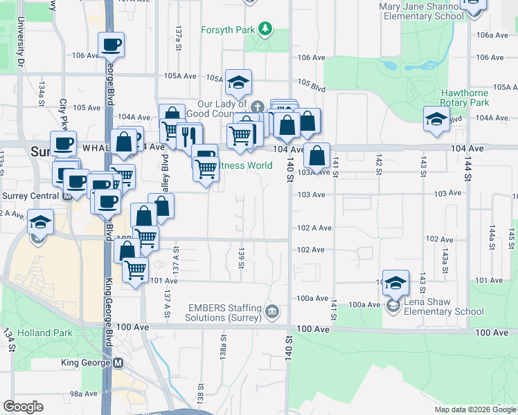 map of restaurants, bars, coffee shops, grocery stores, and more near 10269 139A Street in Surrey