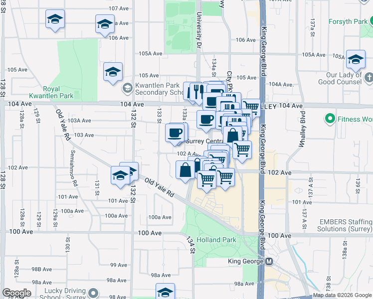 map of restaurants, bars, coffee shops, grocery stores, and more near 10260 133A Street in Surrey
